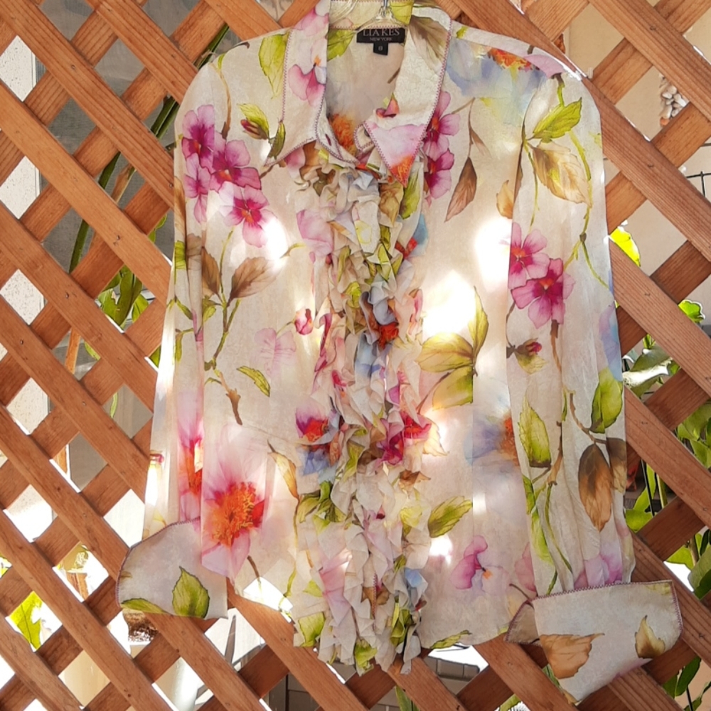 Lia Kes Floral Silk Ruffle Front Blouse Size 8